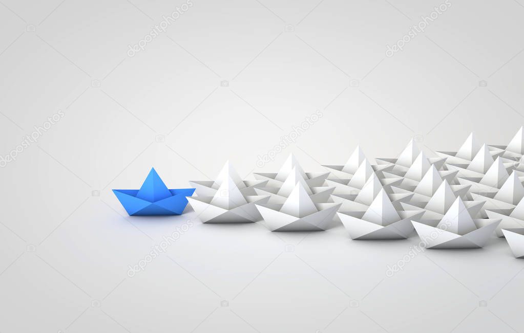 Origami boats leadship concept. 3D Rendering