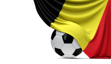 Belçika ulusal bayrağı bir futbol topunun üzerine asılmış. 3d Ren