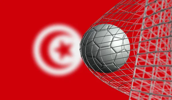 Soccer ball scores a goal in a net against Tunisia flag. 3D Rend — Stock Photo, Image
