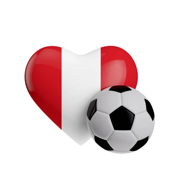 Bandera de Perú en forma de corazón con una pelota de fútbol. Me encanta el fútbol. 3D Rend — Foto de Stock
