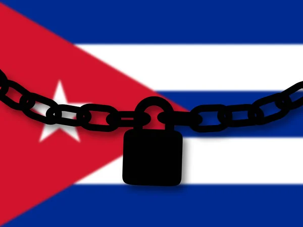 Bezpečnost Kuby. Silueta řetězu a visacího zámku nad národním f — Stock fotografie