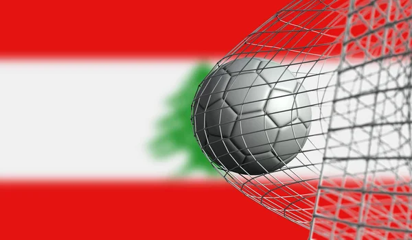 Bola de futebol marca um gol em uma rede contra a bandeira do Líbano. 3D Rend — Fotografia de Stock