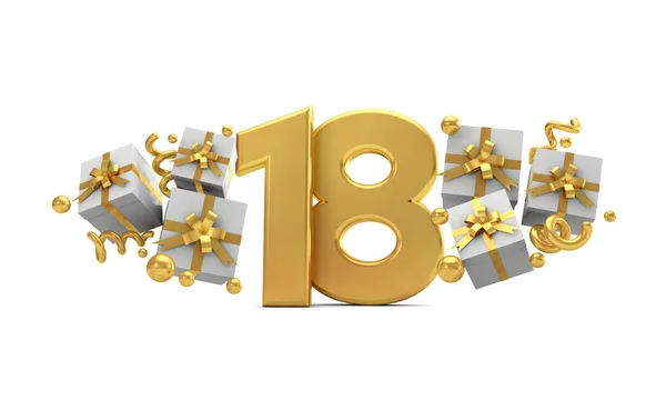 Nummer 18 gouden verjaardagsviering nummer met geschenkdozen. 3D R — Stockfoto