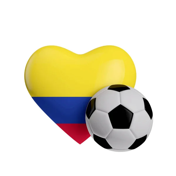 Colombia vlag hart vorm met een Soccer Ball. Hou van voetbal. 3d — Stockfoto