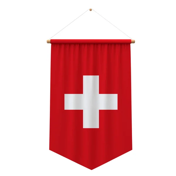 Suíça bandeira pano pendurado banner. Renderização 3D — Fotografia de Stock