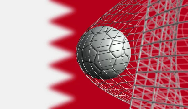 Bola de futebol marca um gol em uma rede contra bandeira do Bahrein. 3D Rend — Fotografia de Stock