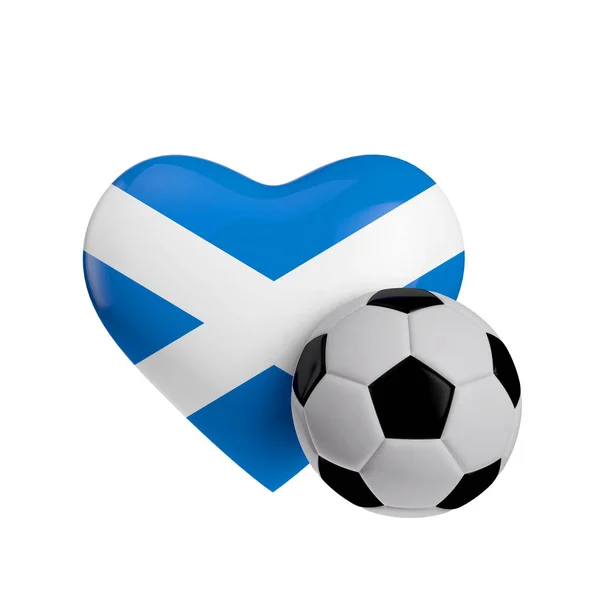 Escocia en forma de corazón bandera con una pelota de fútbol. Me encanta el fútbol. 3D — Foto de Stock