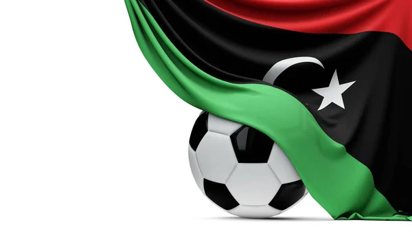 Bandera nacional de Libia envuelta sobre una pelota de fútbol. 3D Rende —  Fotos de Stock