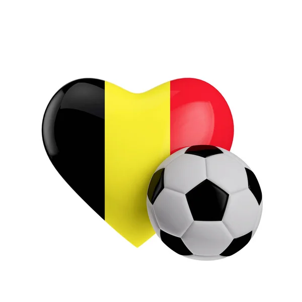 Bir futbol topu ile Belçika bayrak kalp şekli. Futbolu seviyorum. 3d R — Stok fotoğraf
