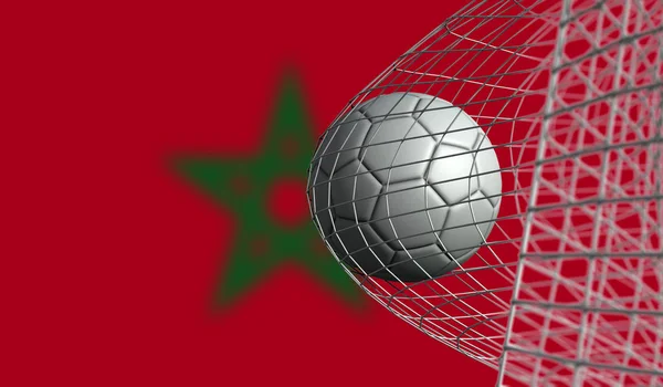 La pelota de fútbol marca un gol en una red contra la bandera de Marruecos. 3D Rend — Foto de Stock