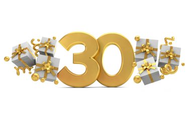 Hediye kutuları ile 30 numara altın doğum günü kutlama numarası. 3d R