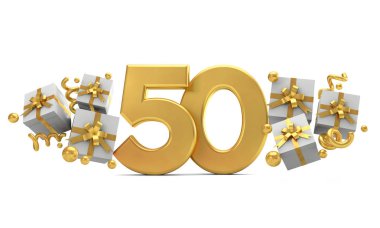 Hediye kutuları ile 50 numara altın doğum günü kutlama numarası. 3d R
