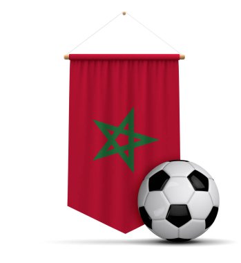Futbol topu ile afiş asılı Fas bayrak bezi. 3d Rendering