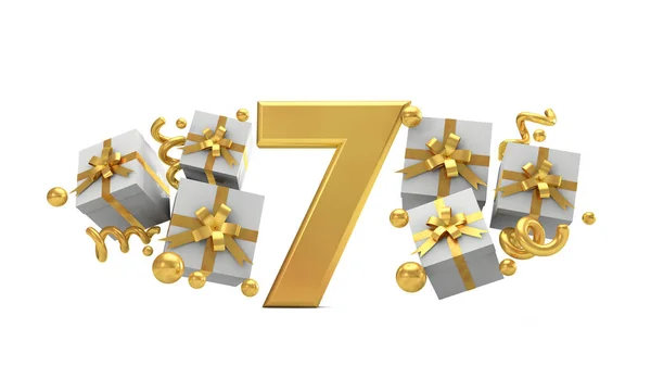 Number 7 gold birthday celebration number with gift boxes. 3D Re — Stock Photo, Image