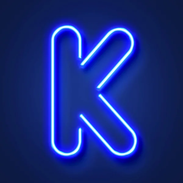 Letter K realistic glowing blue neon letter against a blue backg