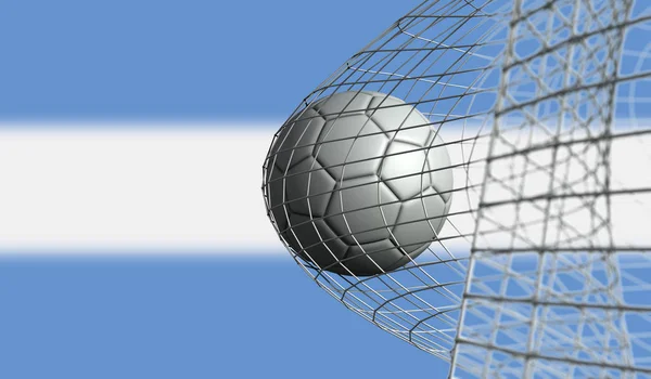 Bola de futebol marca um gol em uma rede contra a bandeira da Argentina. 3D Re — Fotografia de Stock