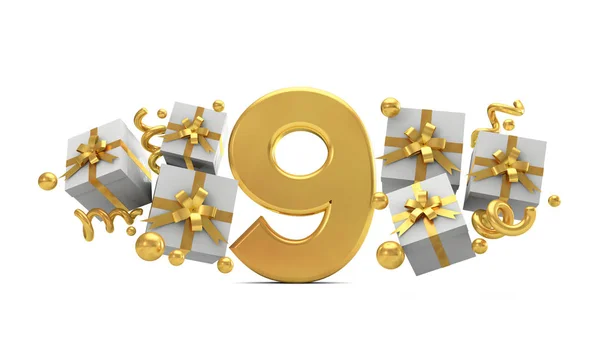 Number 9 gold birthday celebration number with gift boxes. 3D Re — Stock Photo, Image