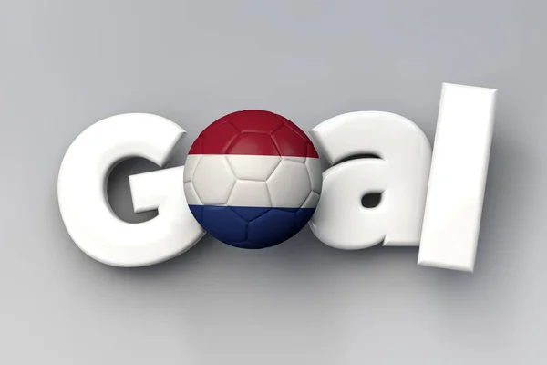 Gol piłki nożnej z flagą Holandii piłki nożnej. Renderowanie 3D — Zdjęcie stockowe