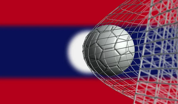 Soccer ball scores a goal in a net against Laos flag. 3D Renderi