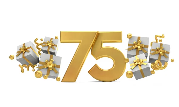 Nummer 75 guld födelsedagsfirande nummer med presentaskar. 3D R — Stockfoto