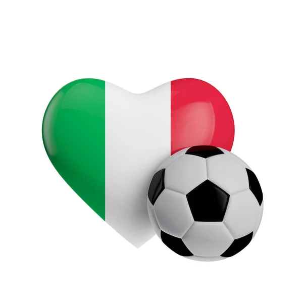 Италия флаг сердце формы с футбольным мячом. Люблю футбол. 3D Ren — стоковое фото
