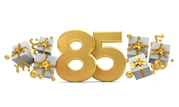 Number 85 gold birthday celebration number with gift boxes. 3D R — Stock Photo, Image