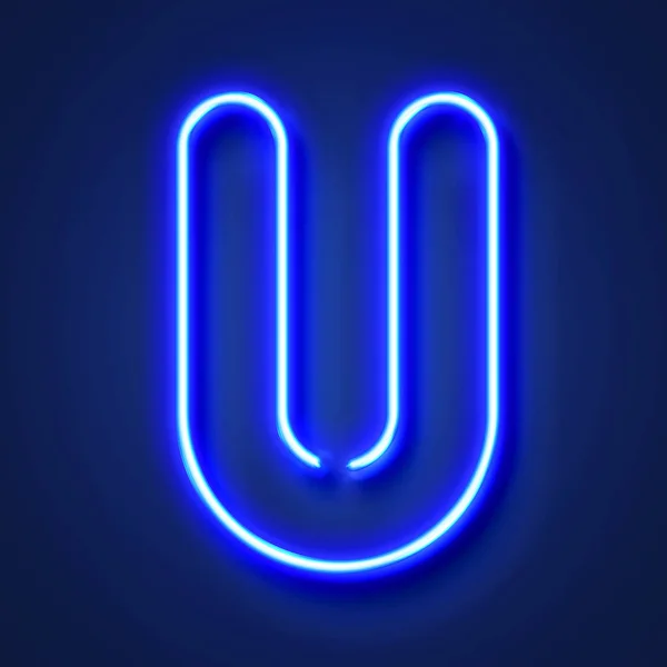 Letter U realistic glowing blue neon letter against a blue backg