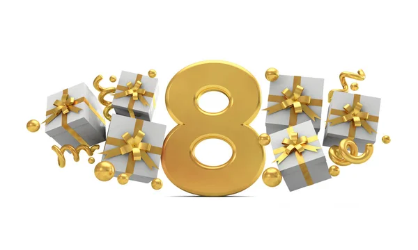 Numero 8 numero di festa di compleanno in oro con scatole regalo. Re 3D — Foto Stock