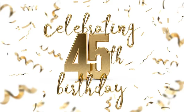 Celebrating 45th birthday gold greeting card with confetti. 3D R