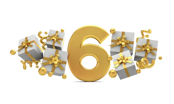 Number 6 gold birthday celebration number with gift boxes. 3D Re — Stock Photo, Image