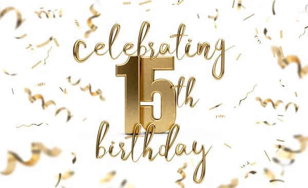 Celebrando 15 cumpleaños tarjeta de felicitación de oro con confeti. 3D R — Foto de Stock