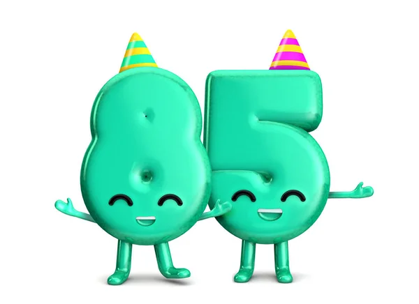 Feliz 85 Aniversário bonito personagem de festa com chapéu. Renderização 3D — Fotografia de Stock