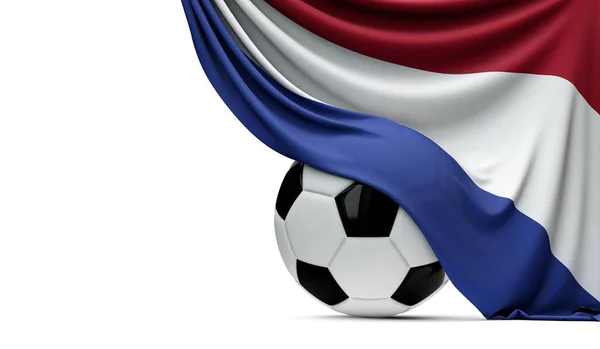 Die niederländische Nationalflagge drapierte einen Fußballball. 3d — Stockfoto