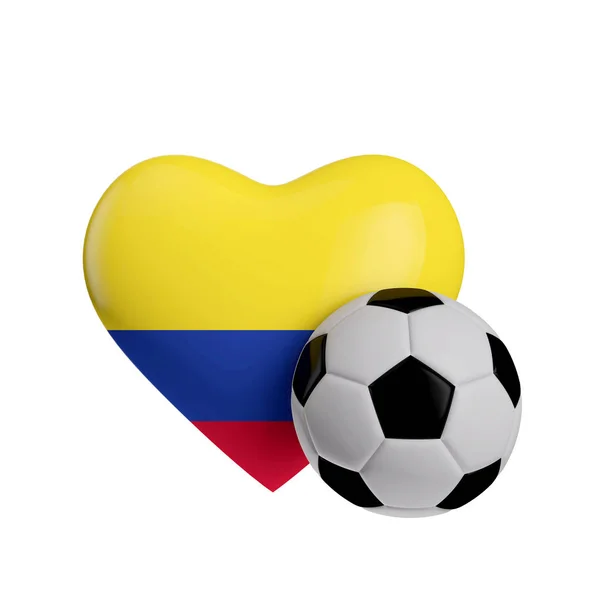 Die kolumbianische Flagge in Herzform mit einem Fußball. Liebe Fußball. 3d — Stockfoto
