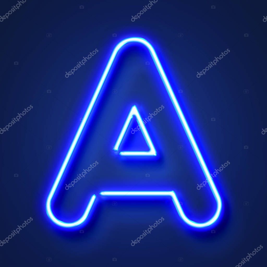 Lettera Una realistica lettera al neon blu incandescente contro un dorso blu  — Foto stock di © InkDropCreative #295677358, image size:1024x1024