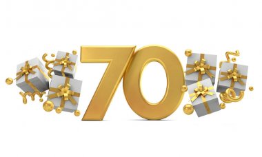 Hediye kutuları ile 70 numara altın doğum günü kutlama numarası. 3d R