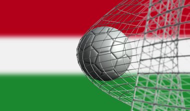 Futbol topu Macaristan bayrağına karşı bir net gol attı. 3d Rend