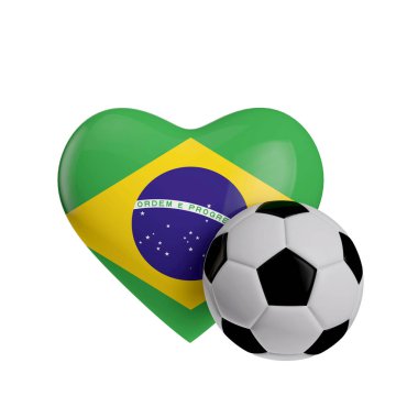 Bir futbol topu ile Brezilya bayrak kalp şekli. Futbolu seviyorum. 3d Re