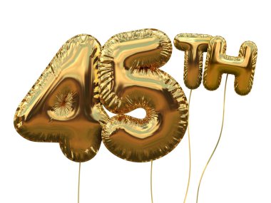 Gold number 45 foil birthday balloon isolated on white. Golden p clipart