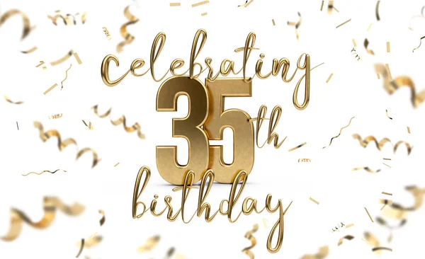 Celebrating 35th birthday gold greeting card with confetti. 3D R
