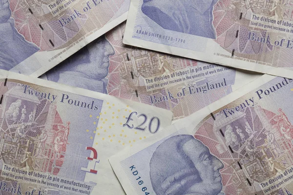 A collection of british sterling twenty pound notes — Stock Photo, Image