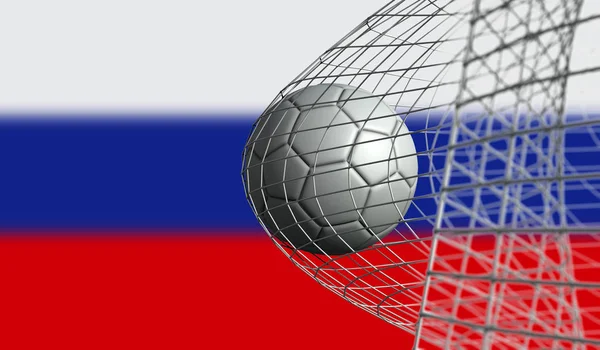 Soccer ball scores a goal in a net against Russia flag. 3D Rende