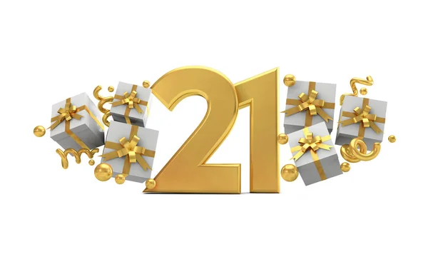 Αριθμός 21 χρυσός εορτασμός γενεθλίων με κουτιά δώρων. 3D R — Φωτογραφία Αρχείου