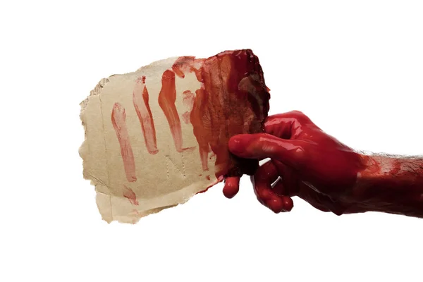 Blutige Hand, die ein leeres Schild hält. Halloween-Horror-Konzept — Stockfoto
