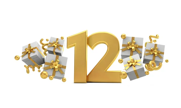 Αριθμός 12 χρυσός αριθμός εορτασμού γενεθλίων με κουτιά δώρων. 3D R — Φωτογραφία Αρχείου