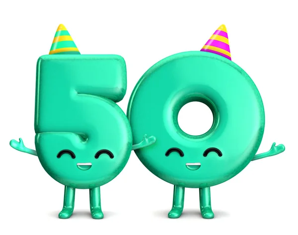 Feliz 50 cumpleaños lindo personaje de fiesta con sombrero. Renderizado 3D —  Fotos de Stock