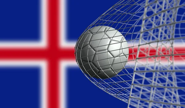 Le ballon de football marque un but dans un filet contre le drapeau islandais. Rend 3D — Photo