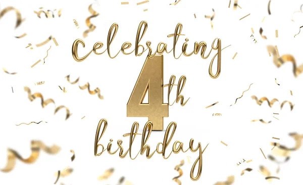 Celebrating 4th birthday gold greeting card with confetti. 3D Re — Stock Photo, Image