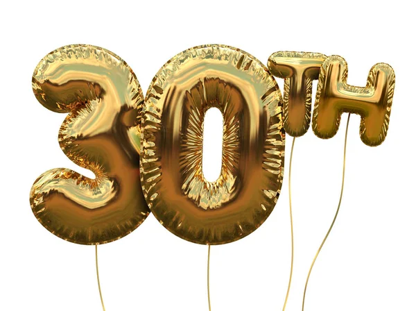 Gold number 30 foil birthday balloon isolated on white. Golden p — Stock Photo, Image