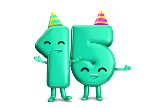Feliz 15 Aniversário bonito personagem de festa com chapéu. Renderização 3D — Fotografia de Stock